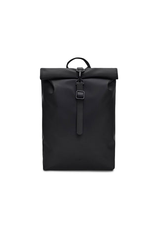 A black waterproof roll-top backpack with a top handle and buckle closure, photographed against a solid white background.