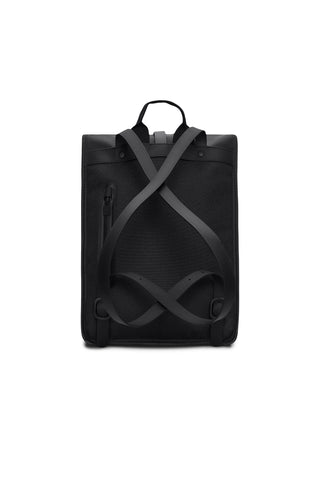 A black backpack with a minimalist design, featuring a top carry handle and a pair of crossed shoulder straps on the front, shown against a plain white background.