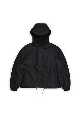 A black hooded jacket with a front zipper, shown flat against a plain white background.