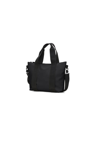 A small black tote bag with dual top handles and a detachable shoulder strap, shown on a plain white background.