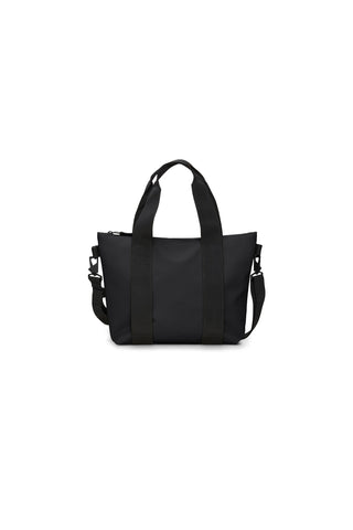 A small black tote bag with dual top handles and a detachable shoulder strap, shown on a plain white background.