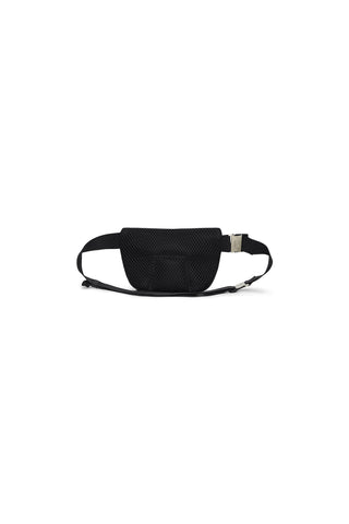 A black fanny pack with a black adjustable strap and a silver metal buckle, shown against a plain white background.
