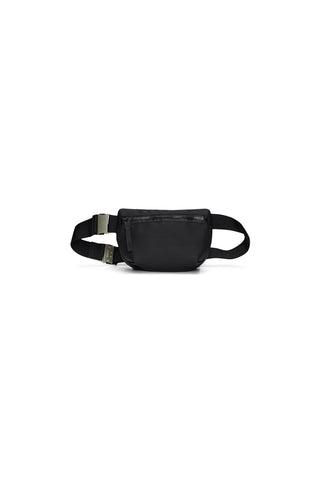 A black fanny pack with zippered outer pocket, an adjustable black strap and a silver buckle, shown against a plain white background.