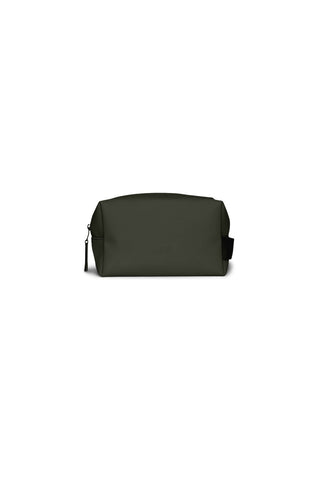 Dark green toiletry bag on white background. 