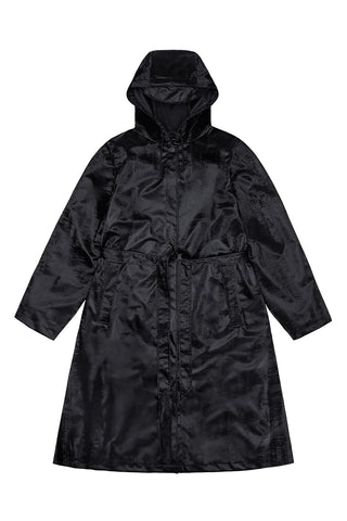 Flat lay photo of shiny black Aline Longer Jacket by Rains. 