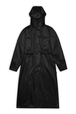 Flat shot of unisex waterproof RAINS Bold Longest jacket against white background. 