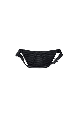 Back of black RAINS Bum Bag Mini in front of white background. 
