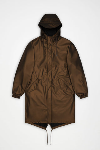 A metallic bronze hooded raincoat with a matte finish, displayed flat against a light gray background.