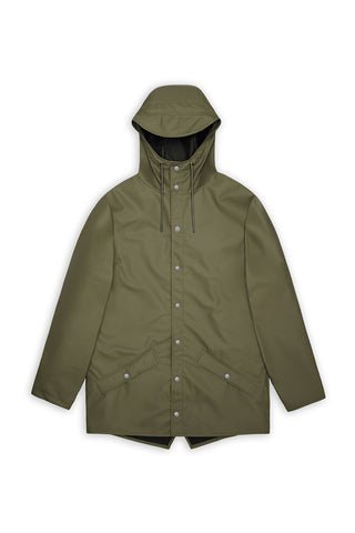 Flat lay photo of Marsh (green) unisex waterproof RAINS Jacket. 