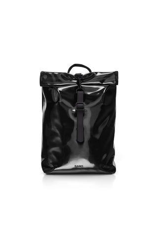Shiny black Roll Top Mini W3 backpack by RAINS. 