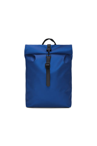 Vibrant blue Roll Top Mini W3 backpack by RAINS. 