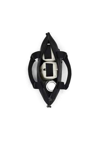 Inside view of black RAINS Tote Bag Micro against white background. 