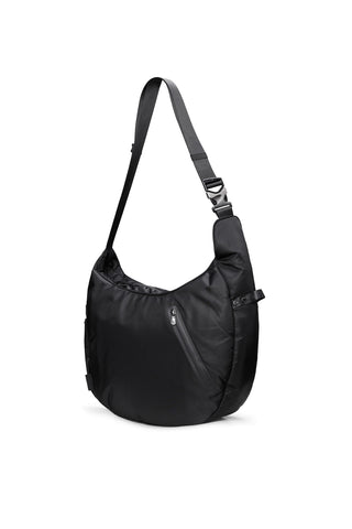 A black nylon shoulder bag with an adjustable shoulder strap and a zippered front pocket, shown on a plain white background.