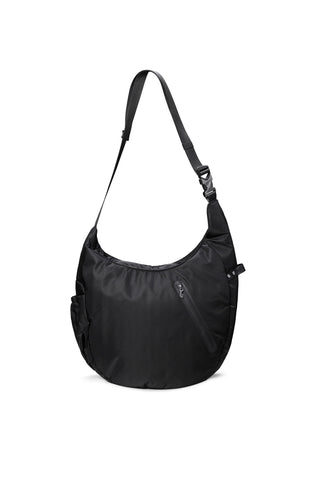 A black nylon crescent-shaped shoulder bag with a single adjustable strap and a zippered front pocket, shown on a plain white background.