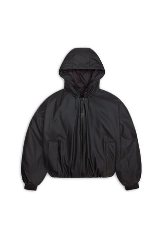 A black hooded jacket with a front zipper, elasticized cuffs and hem, and side pockets, shown flat against a plain white background.