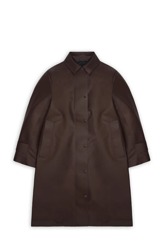 A dark brown trench style jacket with a shirt collar and two front pockets, shown flat against a plain white background.