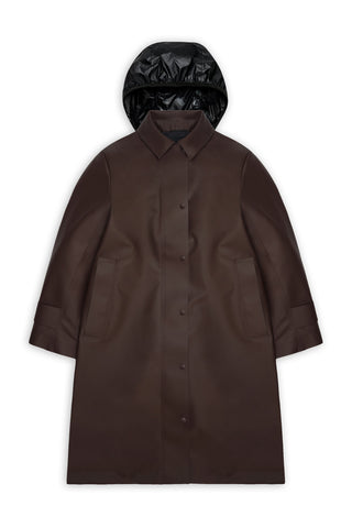 A dark brown trench style jacket with a shirt collar, two front pockets and detachable rain hood, shown flat against a plain white background.
