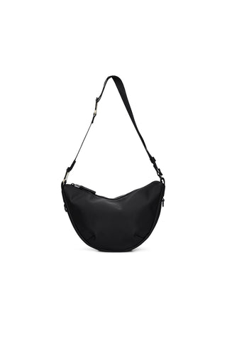 A black crescent-shaped shoulder bag with a long adjustable strap, shown against a plain white background.