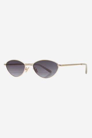 Gold metal sunglasses with dark grey lenses in front of white background. 