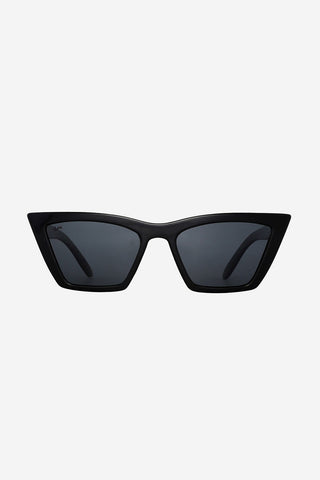 Black recycled PET sunglasses with black lenses. 