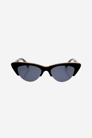 Black cat-eye sunglasses with dark grey lenses in front of white background. 