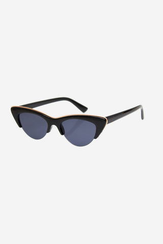 Black cat-eye sunglasses with dark grey lenses in front of white background. 
