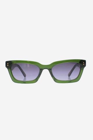 Green acetate glasses with dark grey lenses on white background. 