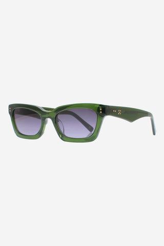 Green acetate glasses with dark grey lenses on white background. 