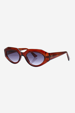 Chocolate brown acetate sunglasses with dark grey lenses on white background. 