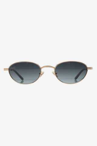 Gold metal sunglasses with dark grey lenses on white background. 
