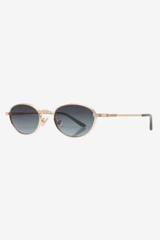 Gold metal sunglasses with dark grey lenses on white background. 
