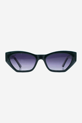 Dark green recycled PET sunglasses with dark blue lenses. 