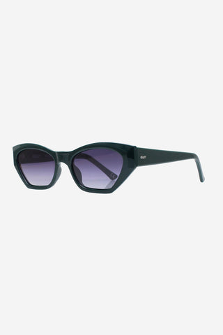 Dark green recycled PET sunglasses with dark blue lenses. 
