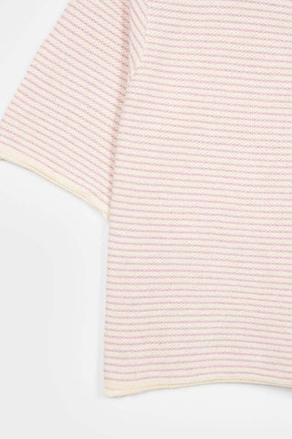 Close-up of pink and white striped cropped Gil short sleeve summer sweater by Rifo. 