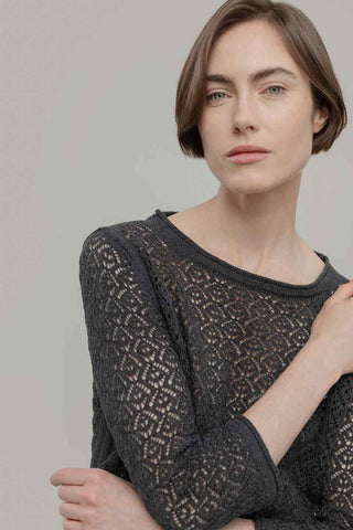 Close-up of woman in front of plain background wearing 3/4 sleeve lace knit navy sweater. 
