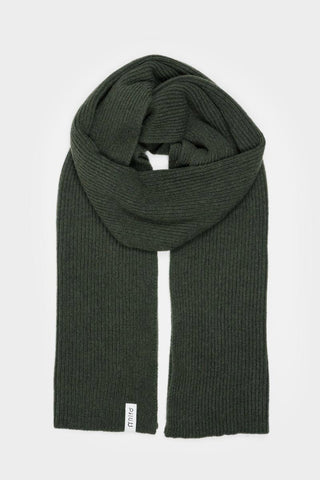 Flat lay image of green rib knit Federico scarf by Rifo. 