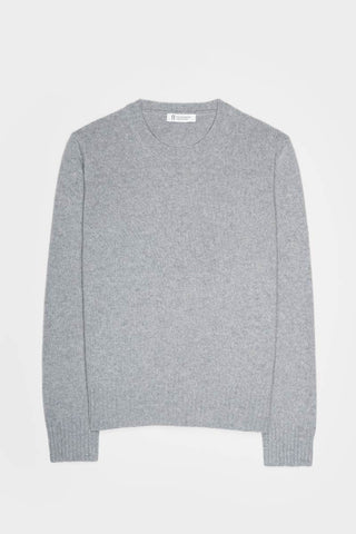 A light gray knit crewneck sweater with ribbed cuffs, displayed flat against a light gray background.