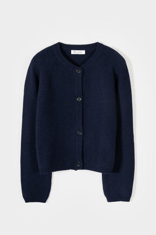 A dark navy blue knit cardigan sweater with a button-up front, displayed flat against a light gray background.