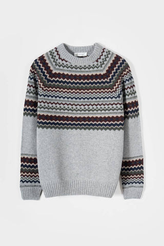 A light gray knit crewneck sweater with a multicolor Fair Isle pattern across the yoke and sleeves, displayed on a clean white background.