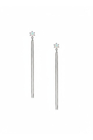 Silver chain & opal stone danging earrings against white backdrop. 