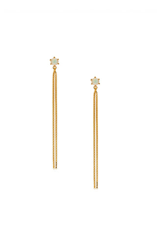 Gold chain & opal stone danging earrings against white backdrop. 