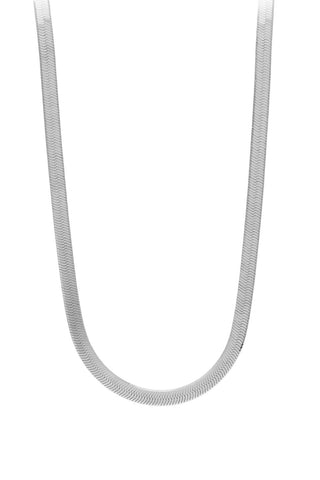 Silver herringbone chain necklace on white background. 
