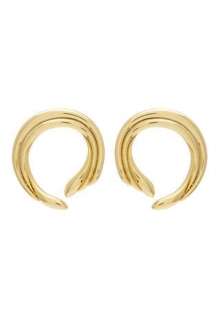 Pair of gold swirl stud earrings on white background. 