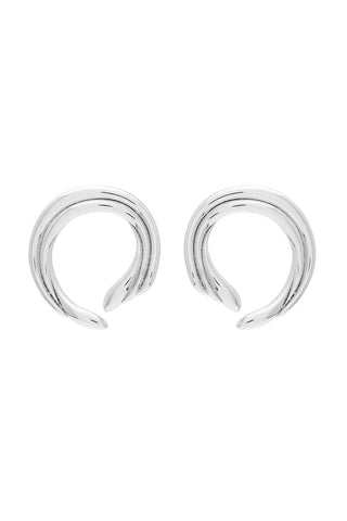 Pair of silver swirl stud earrings on white background. 