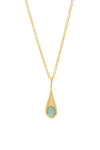 Gold necklace with gold and green Amazonite stone teardrop pendant on white background. 