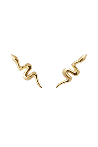 Gold snake-shaped earrings on a white background