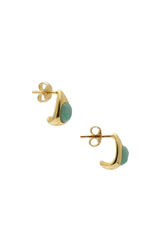 Gold and green Amazonite stone teardrop earrings on white background. 