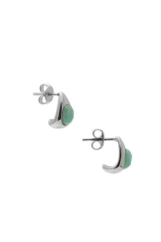 Silver and green Amazonite stone teardrop earrings on white background. 