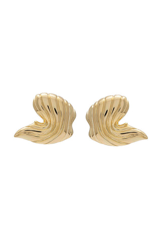 Pair of gold organic shaped earrings on white background. 