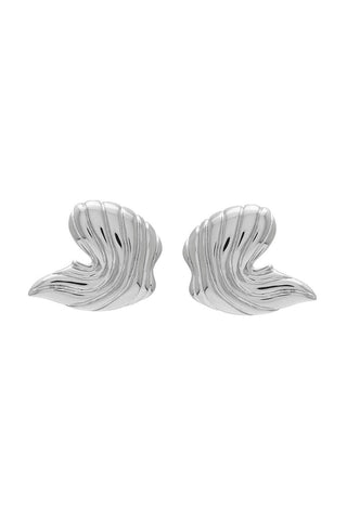 Pair of silver organic shaped earrings on white background. 